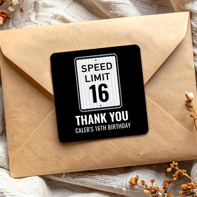 16th Birthday Speed Limit Black and White Sign Square Sticker (Creator Uploaded)