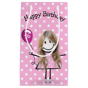 16th Birthday Stick Girl with Pink Balloon Small Gift Bag