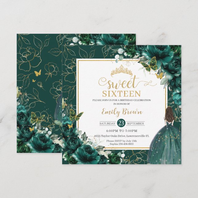 16th Birthday Sweet 16 Emerald Green Floral Invita Invitation (Front/Back)