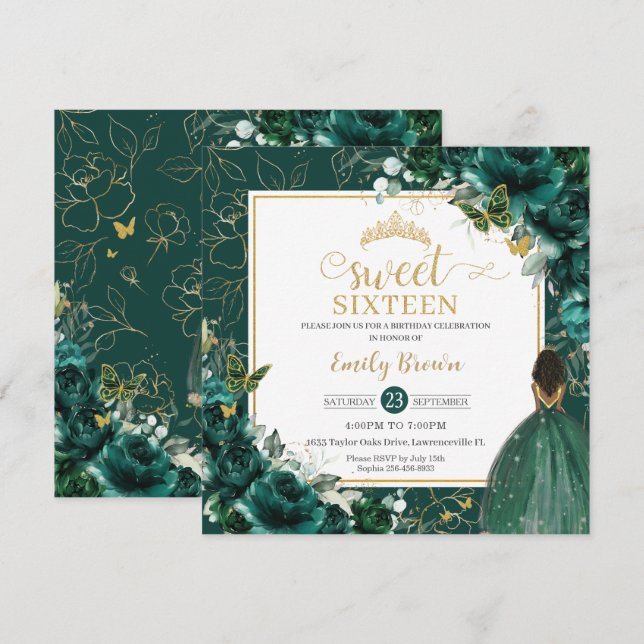 16th Birthday Sweet 16 Emerald Green Floral Invitation (Front/Back)