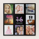 16th birthday sweet 16 photo collage girl black jigsaw puzzle<br><div class="desc">A gift for a girl's sweet 16,  16th birthday,  celebrating her life with a collage of 8 of your photos.  Templates for a name,  age 16 and a date.  Date of birth or the date of the anniversary.  Purple and white coloured letters. Chic black background colour.</div>