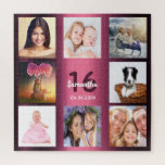 16th birthday sweet 16 photo collage girl purple jigsaw puzzle<br><div class="desc">A gift for a girl's sweet 16, 16th birthday, celebrating her life with a collage of 8 of your photos. Templates for a name, age 16 and a date. Date of birth or the date of the anniversary. Dark purple and white coloured letters. Girly and feminine purple gradient background colour....</div>