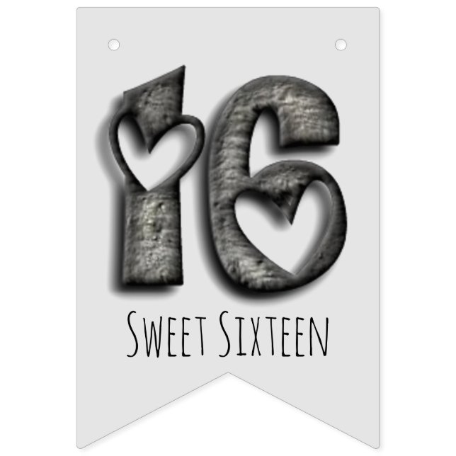 16th Birthday Sweet 16 Rustic Hearts Typography Bunting (First Flag)