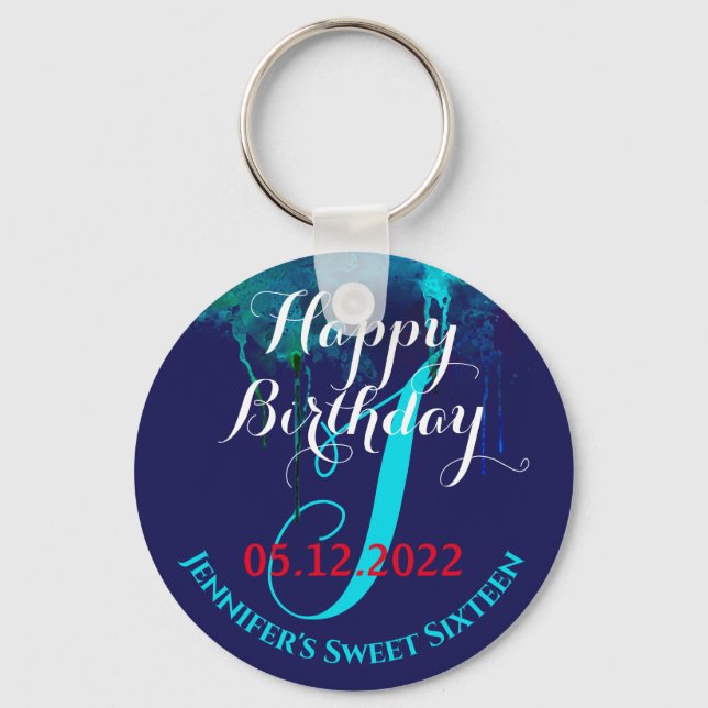 16th Birthday Sweet 16 Sixteen party favour Blue  Key Ring (Front)
