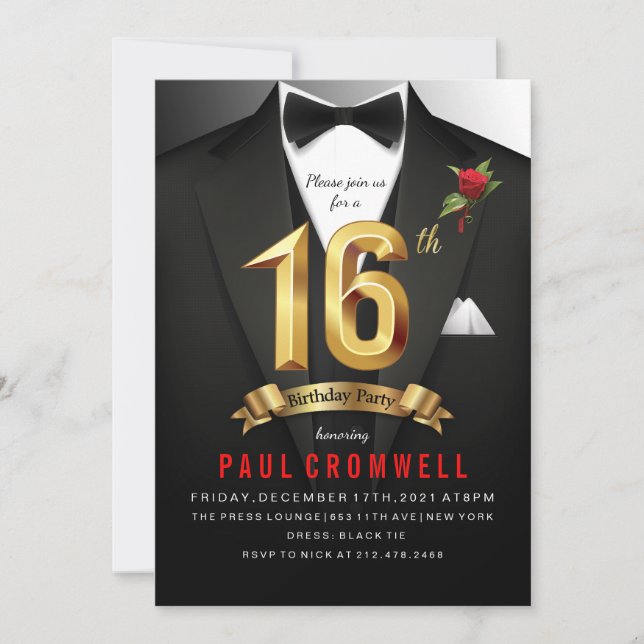 16th Birthday Sweet 16 Tuxedo  Invitation (Front)