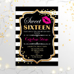 16th Birthday - Sweet Sixteen Black Pink Gold Invitation<br><div class="desc">Sweet Sixteen Birthday Invitation.
Elegant black white design with faux glitter gold. Features pink lips kiss,  black white stripes,  confetti and script font. Perfect for a stylish 16th birthday party. Message me if you need further customisation.</div>