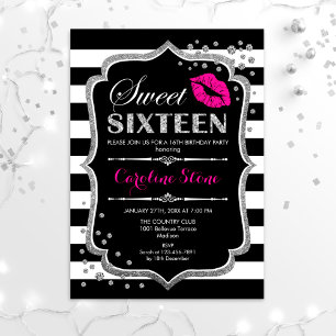 16th Birthday - Sweet Sixteen Black Pink Silver Invitation