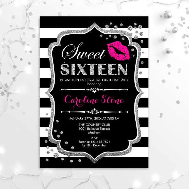 16th Birthday - Sweet Sixteen Black Pink Silver Invitation (Creator Uploaded)