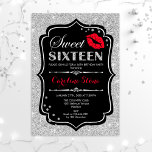 16th Birthday - Sweet Sixteen Black Red Silver Invitation<br><div class="desc">Sweet Sixteen Birthday Invitation.
Elegant black white design with faux glitter silver. Features red lips kiss,  confetti and script font. Perfect for a stylish 16th birthday party. Message me if you need further customisation.</div>