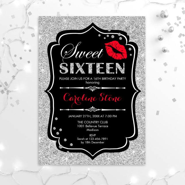 16th Birthday - Sweet Sixteen Black Red Silver Invitation (Creator Uploaded)