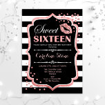 16th Birthday - Sweet Sixteen Black Rose Gold Invitation<br><div class="desc">Sweet Sixteen Birthday Invitation.
Elegant black white design with faux glitter rose gold. Features pink lips kiss,  black white stripes,  confetti and script font. Perfect for a stylish 16th birthday party. Message me if you need further customization.</div>
