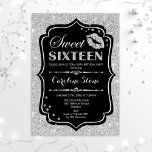 16th Birthday - Sweet Sixteen Black Silver Invitation<br><div class="desc">Sweet Sixteen Birthday Invitation.
Elegant black white design with faux glitter silver. Features lips kiss,  confetti and script font. Perfect for a stylish 16th birthday party. Message me if you need further customization.</div>