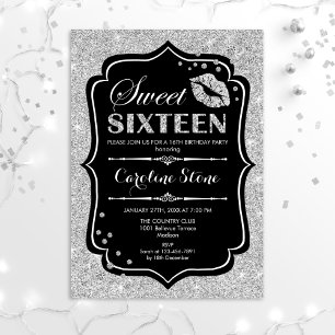 16th Birthday - Sweet Sixteen Black Silver Invitation