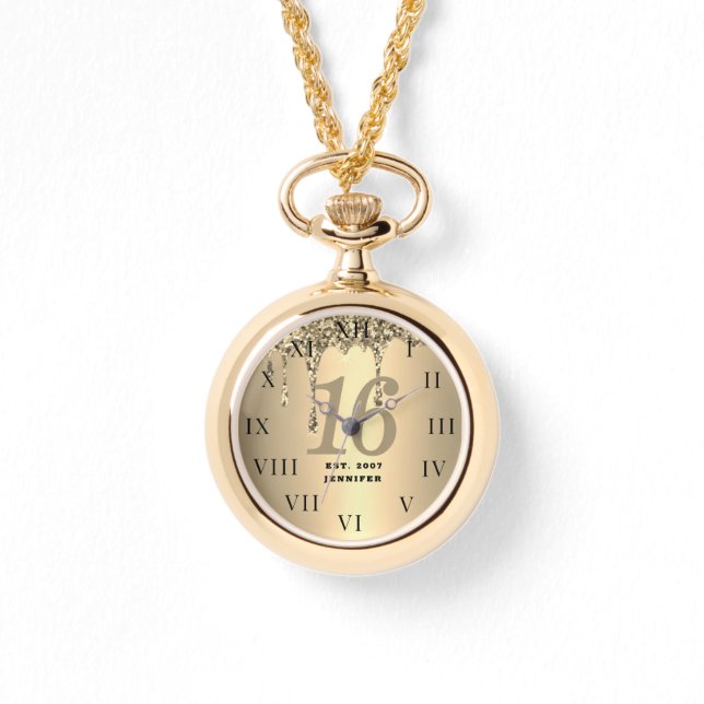 16th Birthday Sweet Sixteen Glitter Gold Girl Watch (Front)