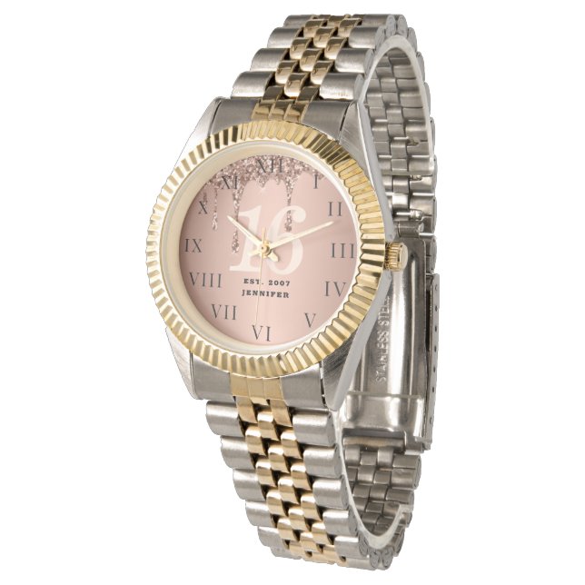 16th Birthday Sweet Sixteen Glitter Rose Gold Girl Watch (Angled)