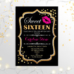 16th Birthday - Sweet Sixteen Gold Black Pink Invitation<br><div class="desc">Sweet Sixteen Birthday Invitation.
Elegant black white design with faux glitter gold. Features pink lips kiss,  confetti and script font. Perfect for a stylish 16th birthday party. Message me if you need further customization.</div>