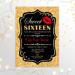16th Birthday - Sweet Sixteen Gold Black Red Invitation<br><div class="desc">Sweet Sixteen Birthday Invitation.
Elegant black white design with faux glitter gold. Features red lips kiss,  confetti and script font. Perfect for a stylish 16th birthday party. Message me if you need further customization.</div>