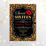 16th Birthday - Sweet Sixteen Leopard Print Red Invitation<br><div class="desc">Sweet Sixteen Birthday Invitation.
Elegant black white design with faux glitter gold and leopard print pattern. Features red lips kiss,  confetti and script font. Perfect for a stylish 16th birthday party. Message me if you need further customization.</div>