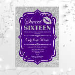 16th Birthday - Sweet Sixteen Purple Silver Invitation<br><div class="desc">Sweet Sixteen Birthday Invitation.
Elegant purple white design with faux glitter silver. Features lips kiss,  confetti and script font. Perfect for a stylish 16th birthday party. Message me if you need further customisation.</div>