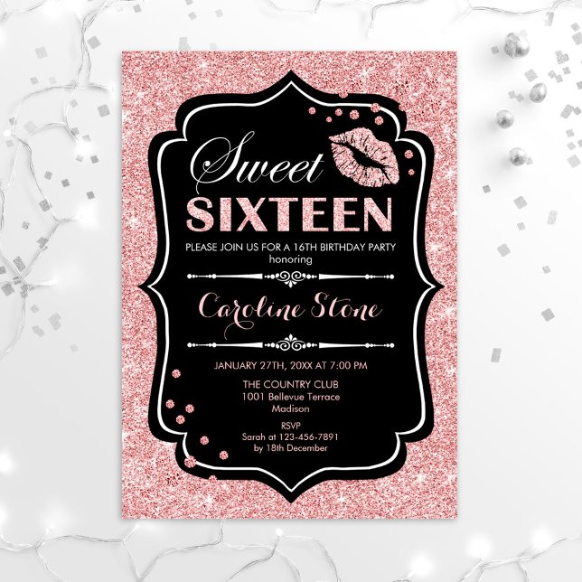 16th Birthday - Sweet Sixteen Rose Gold Black Invitation (Creator Uploaded)