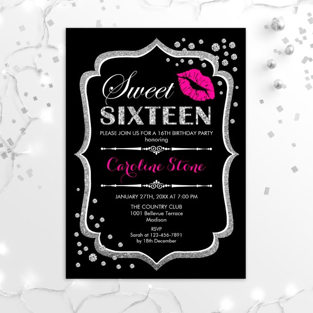 16th Birthday - Sweet Sixteen Silver Black Pink Invitation (Creator Uploaded)