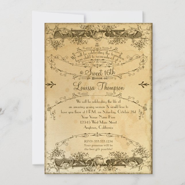 16th Birthday Tea Stained Vintage Celebration Invi Invitation (Front)