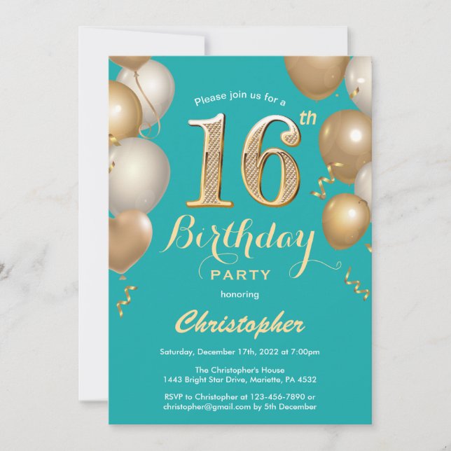 16th Birthday Teal and Gold Balloons Confetti Invitation (Front)