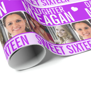 16th birthday three photos purple daughter wrapping paper