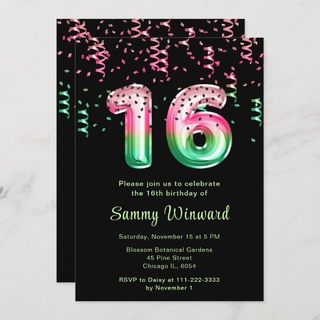 16th Birthday Watermelon Balloons with Confetti Invitation (Front/Back)