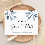 16th birthday white blue botanical save the date postcard<br><div class="desc">An elegant and simple Save the Date card for a Sweet Sixteenth 16th birthday party. A chic white background decorated ice blue watercolored botanical florals. Templates for a date and name/age 16. Black coloured letters. The text: Save the Date is written with a large trendy hand lettered style script. Tip:...</div>