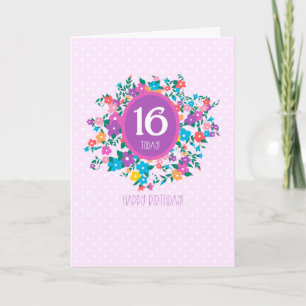 16th Birthday with Flowers and Polka Dots Card