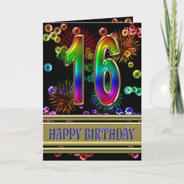 16th Birthday with rainbow bubbles and fireworks Card (Front)