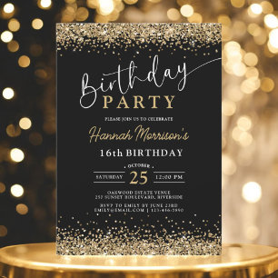 16th Black Gold Glitter Any Age Birthday Invitation