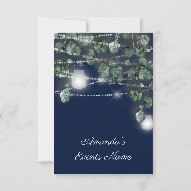 16th  Bridal Shower Lights Rustic Eucalyptus Navy Invitation (Back)