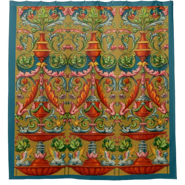 16th century winged sphynx fountain flowers fronds shower curtain (Front)