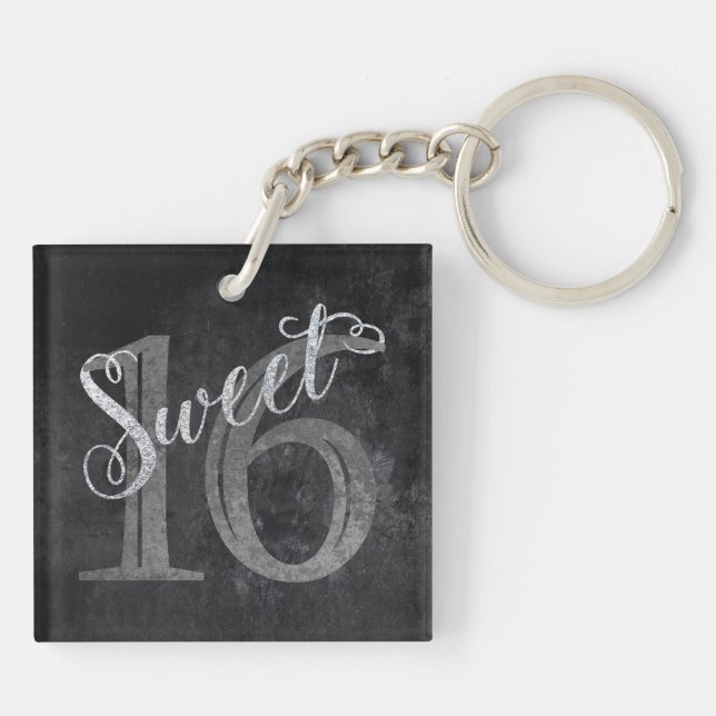16th Charcoal Grey | Sweet 16 Silver Glitter | Key Ring (Back)