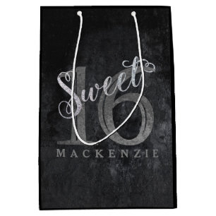 16th Charcoal Grey   Sweet 16 Silver Glitter   Medium Gift Bag
