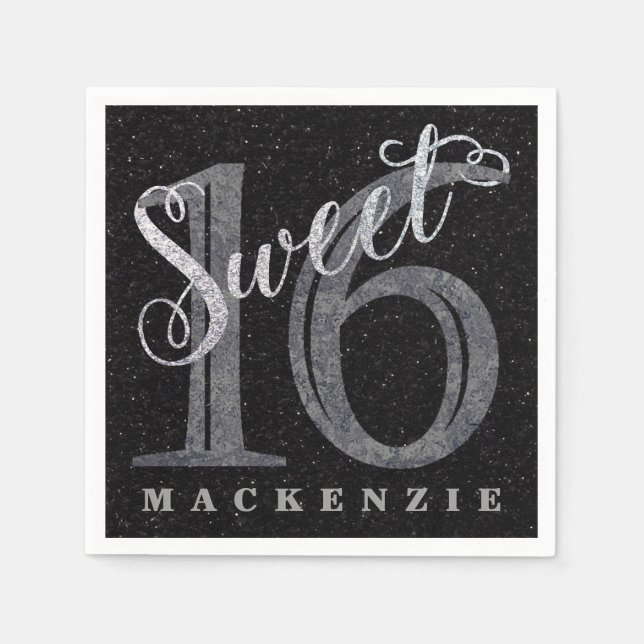 16th Charcoal Grey | Sweet 16 Silver Glitter | Napkin (Front)