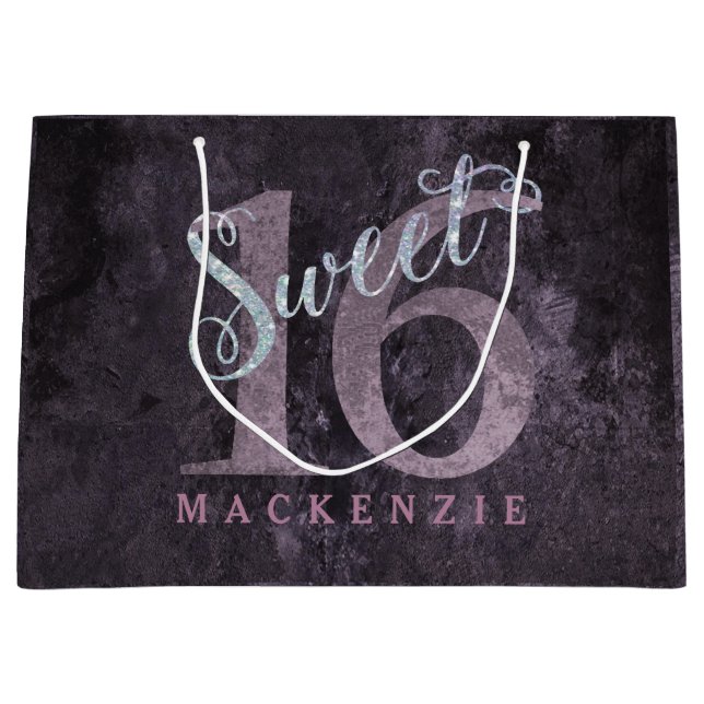 16th Dusty Pink Rose | Sweet 16 Silver Glitter | Large Gift Bag (Front)