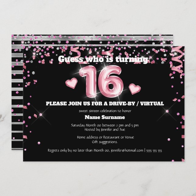 16th foil glitter pink silver black heart sparkle invitation (Front/Back)