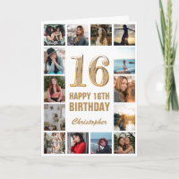 16th Happy Birthday Gold and White Photo Collage