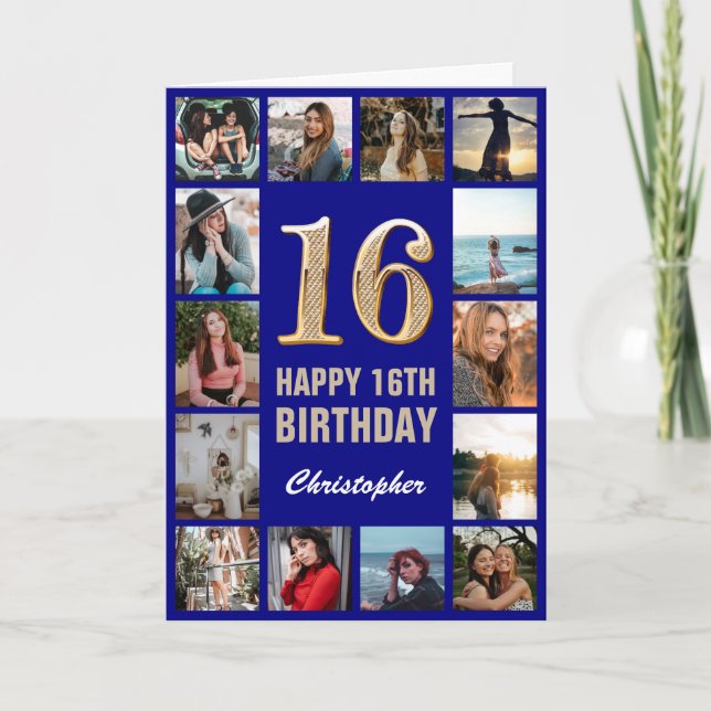 16th Happy Birthday Navy Blue & Gold Photo Collage Card (Front)
