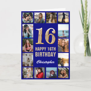 16th Happy Birthday Navy Blue & Gold Photo Collage Card