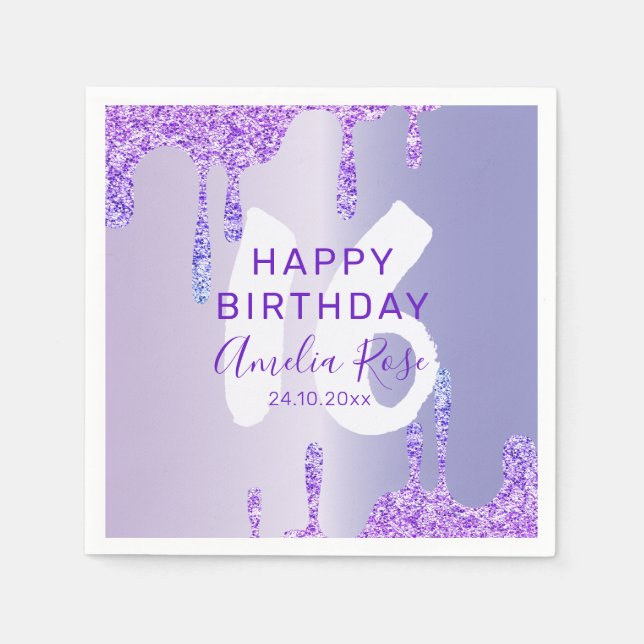 16th Happy Birthday Purple Metallic Napkin (Front)