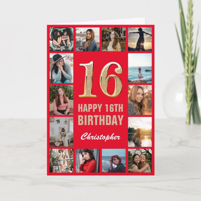 16th Happy Birthday Red and Gold Photo Collage Card (Front)