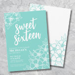 16th Modern Floral Sweet Sixteen Birthday Party Invitation<br><div class="desc">16th Teal Blue Floral Sweet Sixteen Birthday Party Invitation. A fun but elegant 16th birthday party invitation with bright turquoise or teal blue and white flower outlines. A playful flower pattern frames a script typography "sweet sixteen" mixed with a more classic serif font. Celebrate 16 years of life with this...</div>