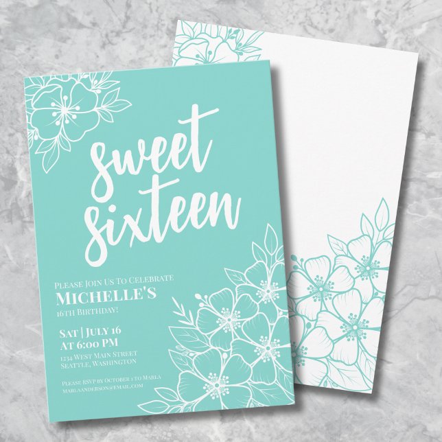 16th Modern Floral Sweet Sixteen Birthday Party Invitation (16th Teal Blue Floral Sweet Sixteen Birthday Party Invitation)