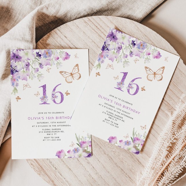16th Purple Lilac Butterflies birthday Invitation (Creator Uploaded)