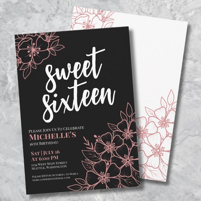 16th Rose Gold Floral Sweet Sixteen Birthday Party Invitation (16th Rose Gold Floral Sweet Sixteen Birthday Party Invitation)
