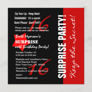 16th SURPRISE Birthday Black Red White A08 Star Invitation